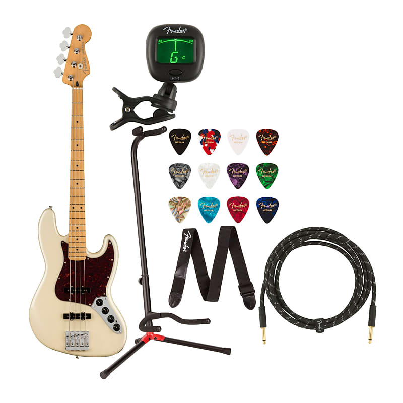 Fender Player Plus 4-String Maple Fingerboard Jazz Bass Guitar  (Right-Handed, Olympic Pearl) Bundle with Instrument Cable, Stand, Tuner,  Strings,