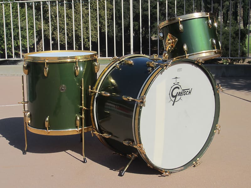 1955 Gretsch Cadillac Green, 3-ply Birdland drum set w/ gold plated hardware - Original/Excellent image 1