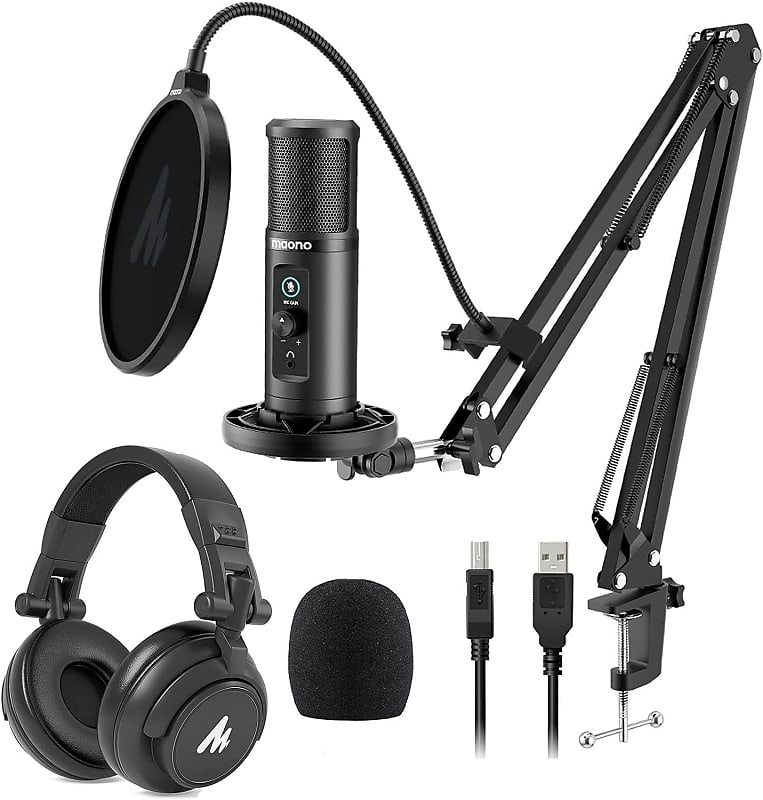 USB Microphone with Studio Monitor Headphones Bundle Plug and Reverb
