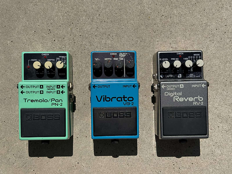 Vintage Boss pedal trio VB2 Vibrato, PN2 Tremolo/Pan, RV2 Reverb