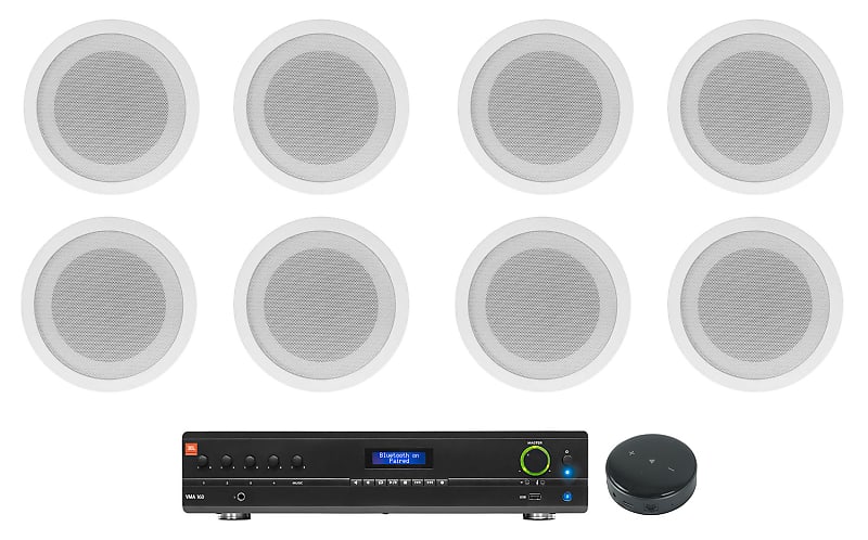 JBL Commercial 70v Amp+Wifi Receiver+8) White 5&quot; Ceiling Speakers For Restaurant  			