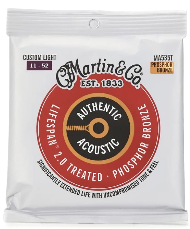 Martin MA535T Authentic Acoustic Lifespan 2.0 Treated 92/8 Phosphor Bronze Guitar Strings - .011-.052 Custom Light