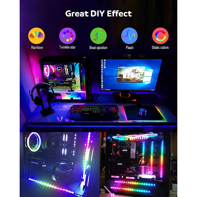 PC Addressable RGB LED Strip Lights Kit - Magnetic PC Case Lighting, 2PCS  42LEDs ARGB Strip for 5V 3pin RGB Header Motherboard Asus Aura, Asrock RGB