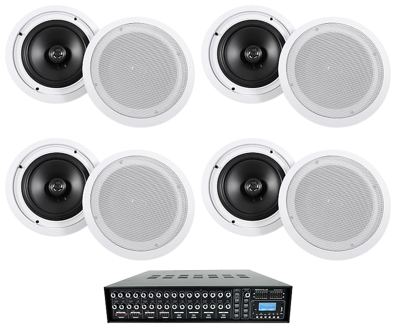 Rockville ROCK MATRIX 4-Zone Home Audio System w/(8) 8&quot; White Ceiling Speakers  			
