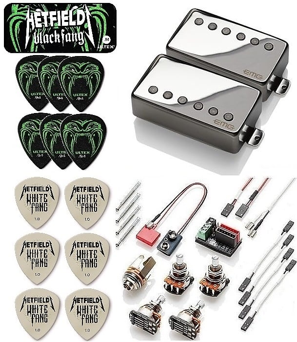 EMG JH SET JAMES HETFIELD CHROME STANDARD SPACED SHORT SHAFT POTS & WIRING  (30 JH PICKS & 1 JH TIN )