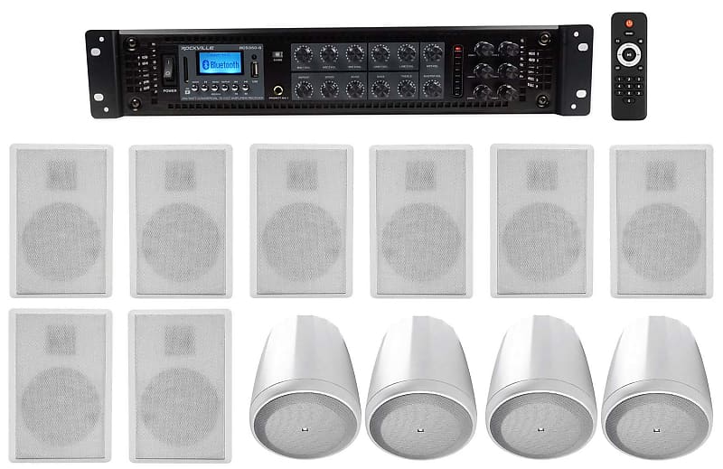 6-Zone Amp+4 JBL White Pendant+8 Slim White Wall Speakers 4 Restaurant/Bar/Cafe  			