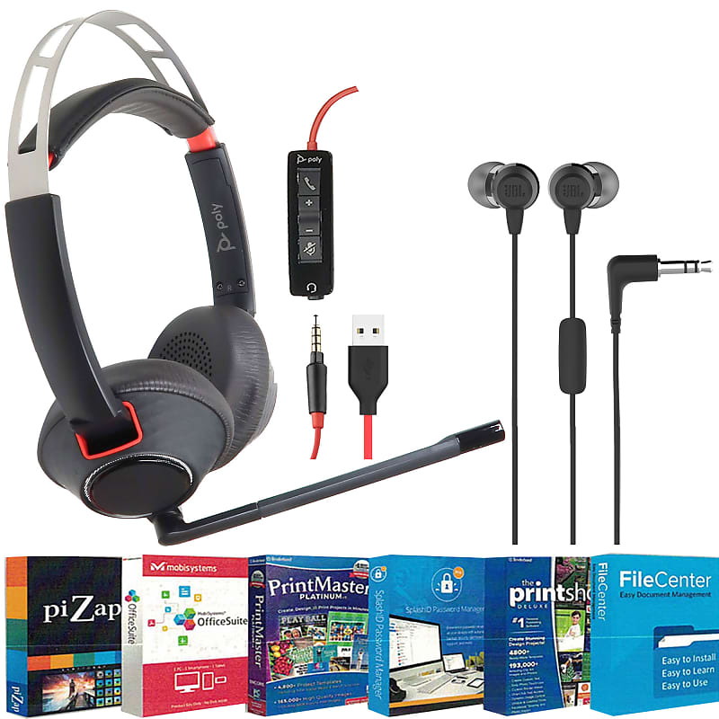 Poly Blackwire 5220 Stereo Wired Headset, Dual Ear Computer Headset with Boom Mic, USB-A, 3.5mm to Connect to PC, Mac, Tablet, and Cell Phone + Tech Smart USA Printer Essentials Digital Download Card for PC + JBL C50HI In-Ear Headphones Black