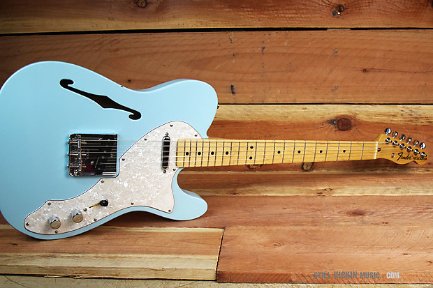 FREE SHIP! FENDER 69 TELECASTER THINLINE + OHSC Rare Daphne Blue F-Hole 7  Pound Tele Guitar