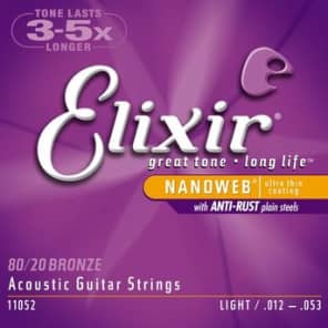 Elixir 11052 Nanoweb 80/20 Bronze Light Acoustic Guitar Strings (12-53) image 2