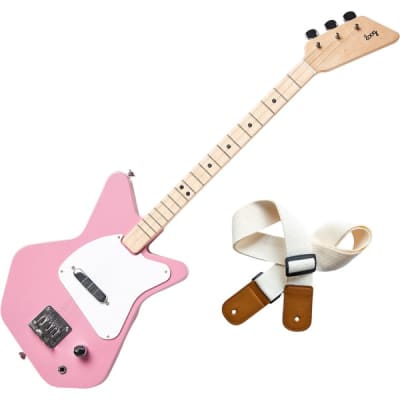 Loog Pro Electric Guitars Pink Kindergitarre + N-RoK Gurt für Loog Gitarren Weiß for sale
