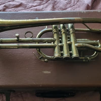 Vintage 1940's WM Frank Cornet Project brass trumpet horn with case image 2