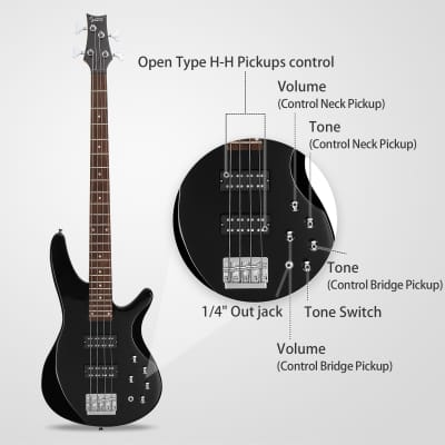Glarry Black GIB 4 String Bass Guitar Full Size HH Pickup image 5