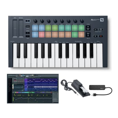 Novation FLkey Mini 25-Key MIDI Keyboard Controller for FL Studio with FL Studio 20 Producer Edition (Boxed), Keyboard Piano Style Sustain Pedal (Black) and 4-Port USB 3.0 Hub Bundle