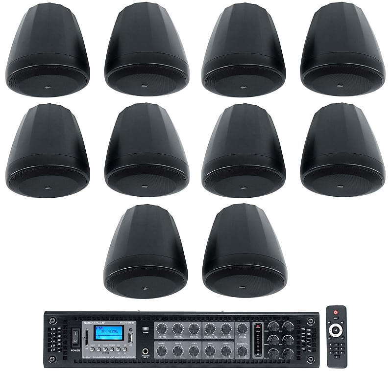 (10) JBL Control 67 P/T 6.5&quot; Commercial 70v Black Hanging Pendant Speakers + Amp  			