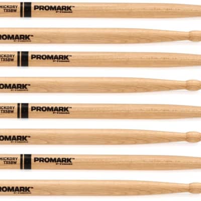 Promark Hickory Drumsticks - 5B - Wood Tip - 4-pack  Bundle with RTOM Moongel Drum Damper Pads - Blue (6-pack) image 1