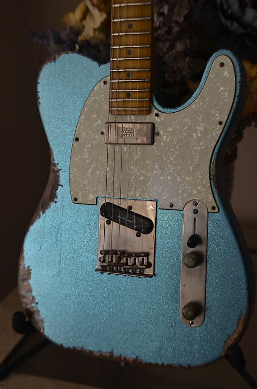 American Fender Telecaster Heavy Relic Blue Sparkle Hums-Aged Blonde Tolex image 1