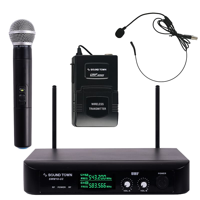 SWM10-U2 Series, Professional Dual-Channel UHF Wireless Microphone System,  for Church, Business Meeting, Outdoor Wedding and Karaoke - 1 Handheld + 1  Headset Mics (SWM10-U2HB)