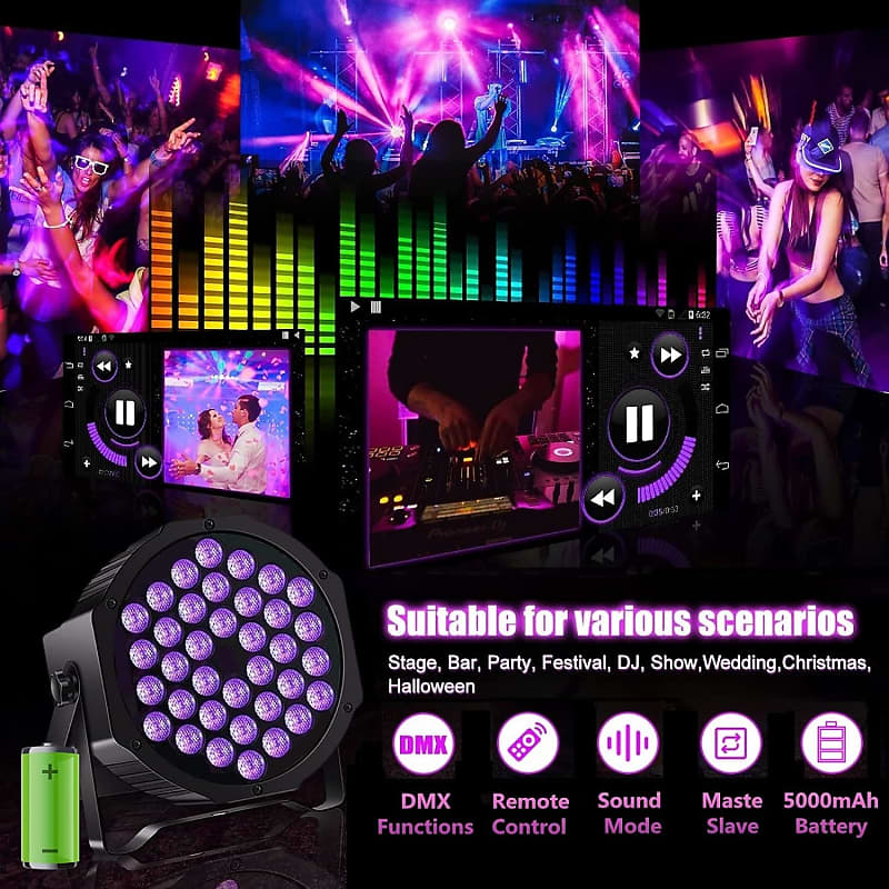 Rechargeable Black Lights For Glow Party Halloween Battery Powered Portable  Black Light DMX Sound Activated Control 36 LED UV Wireless Uplights For  Glow In The Dark Parties DJ Disco Events Bar 2