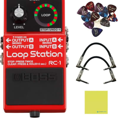 Boss RC-1 Loop Station Looper Pedal Bundle w/2x Strukture S6P48 Woven Right Angle Patch Cables, 12x Guitar Picks and Liquid Audio Polishing Cloth