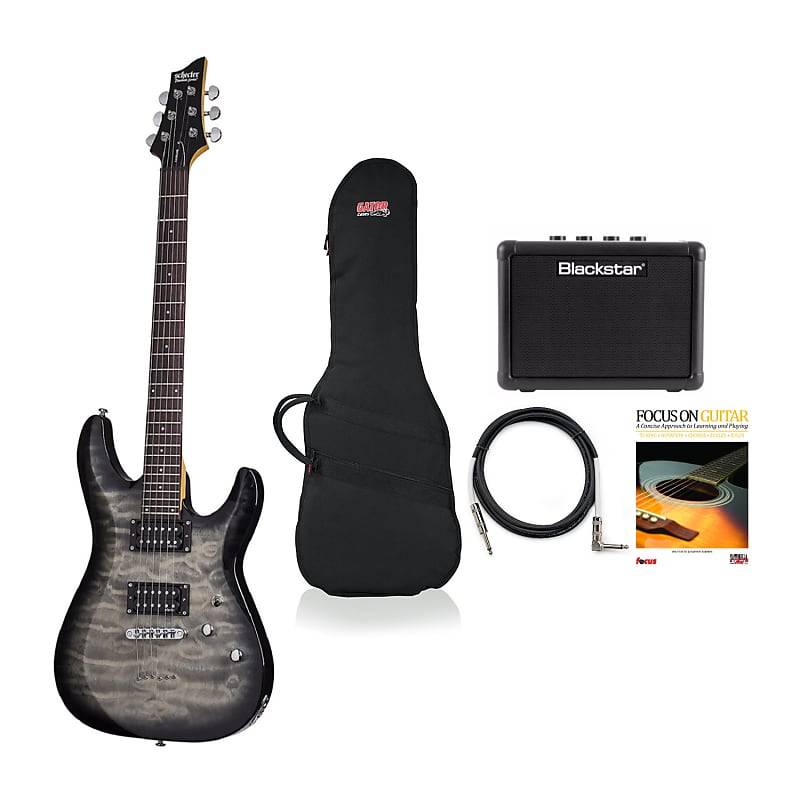 Schecter C-6 Deluxe 6-String Electric Guitar (Charcoal Burst, Right-Hand)  Bundle with Gig Bag, Amplifier, 10-Feet Guitar Cable and Book