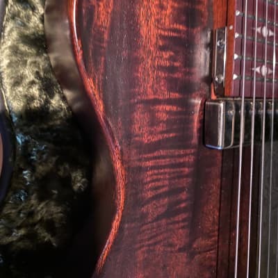 Scott Walker Katana Guitar!  As~New Elegant and simple solid body one piece old growth Curly Mahogany~Oiled, Damascus Steel Tailpiece and Pickguard, Johnny Smith pickup, Calton HSC, COA and more! image 10