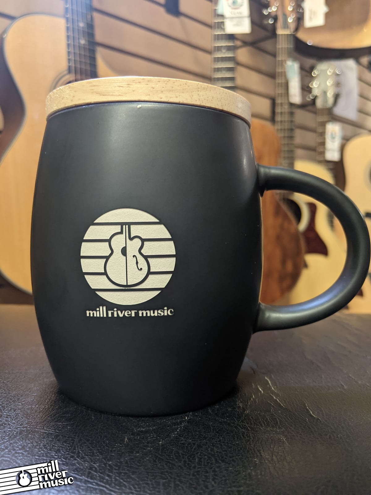 Mill River Music 14oz Ceramic Mug w/ Lid/Coaster Circle Logo Engraved - Black