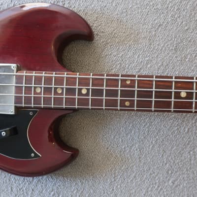 Vintage 1970s Teisco "Rhythmline" Brand SG EB Made In Japan Lawsuit Wine Red Bass Guitar Short Scale image 4