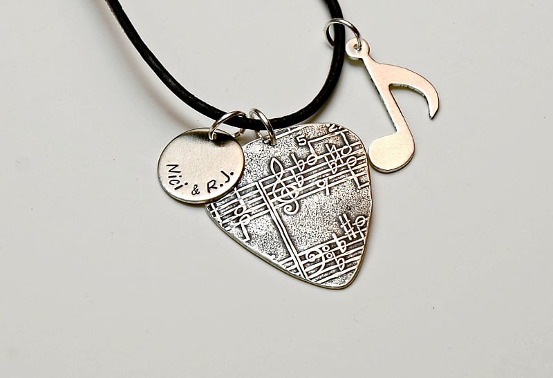 Sterling Silver Guitar Pick Necklace with Music Note and Personalized Disc Charm image 1