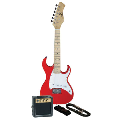 J. Reynolds JRPKSTRD Mini Electric Guitar Package w/Amplifier, Guitar Pick, Strap & Cable - Red image 1