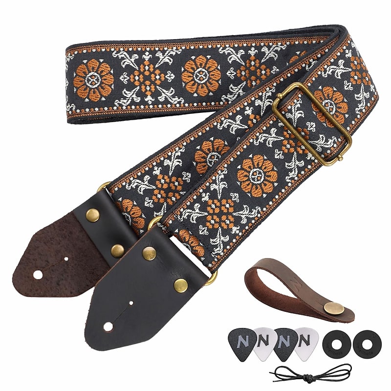 Vintage Embroidered Cotton Guitar Straps with Genuine Leather Ends for  Bass, Electric & Acoustic Guitars, Come with Free Strap Button, 1 Pair  Strap