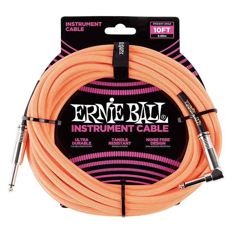 Ernie Ball 10' Braided Straight / Angle Instrument Cable, Neon Orange image 1