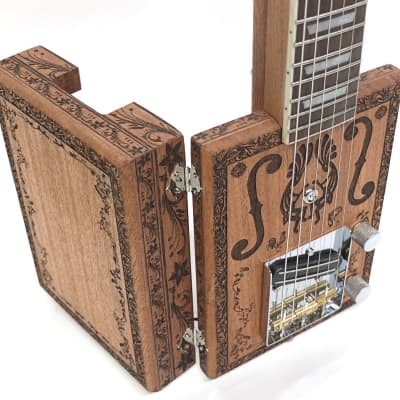 Handcrafted Engraved Solid Mahogany 6 String Opening Body Full 24.75"Scale Electric Cigar Box Guitar image 4