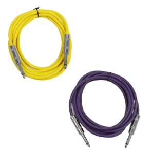 2 Pack of 10 Foot 1/4" TS Patch Cables 10' Extension Cords Jumper - Yellow & Purple image 1