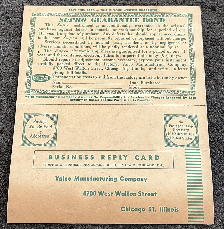 Supro Warranty Card ‘50s image 1