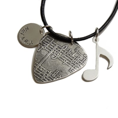 Sterling Silver Guitar Pick Necklace with Music Note and Personalized Disc Charm image 2