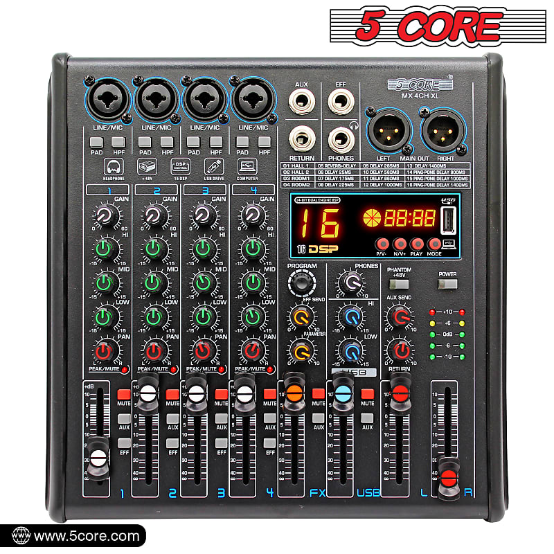 4 Channels Mixing Console Individual +48v Effects Bluetooth Usb