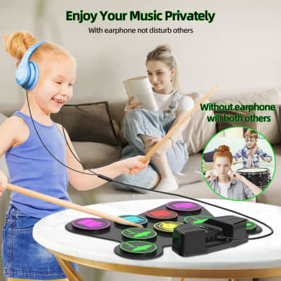 Electronic Drum Set, 9 Drum Practice Pad With Headphone Jack, Roll-Up Drum Pad Machine With Built-In Speaker Drum Pedals Drum Sticks 10 Hours Playtime, Ideal Christmas Holiday Gift For Kids image 3