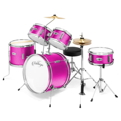 5-Piece Complete Junior Drum Set With Genuine Brass Cymbals - Advanced Beginner Kit With 16" Bass, Adjustable Throne, Cymbals, Hi-Hats, Pedals & Drumsticks - Pink image 1