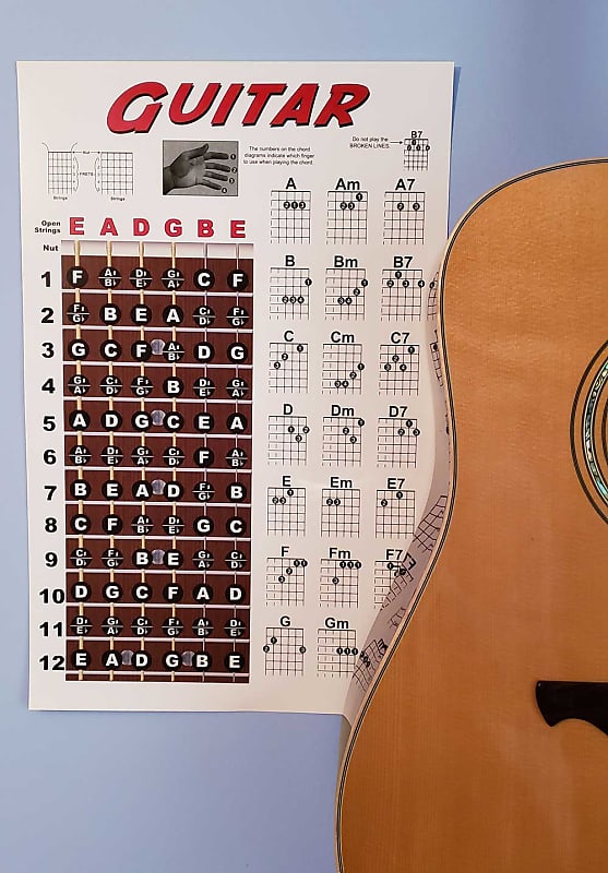  A New Song Music Laminated Guitar Chord & Fretboard Note Chart  & Picks Instructional Easy Poster for Beginners Chords & Notes 4 PICK  11x17