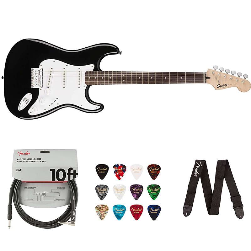 Squier by Fender Bullet Stratocaster Beginner Hard Tail Electric Guitar  (Black) with Fender Pro 10ft Instrument Cable, Fender Celluloid Guitar  12-Pack