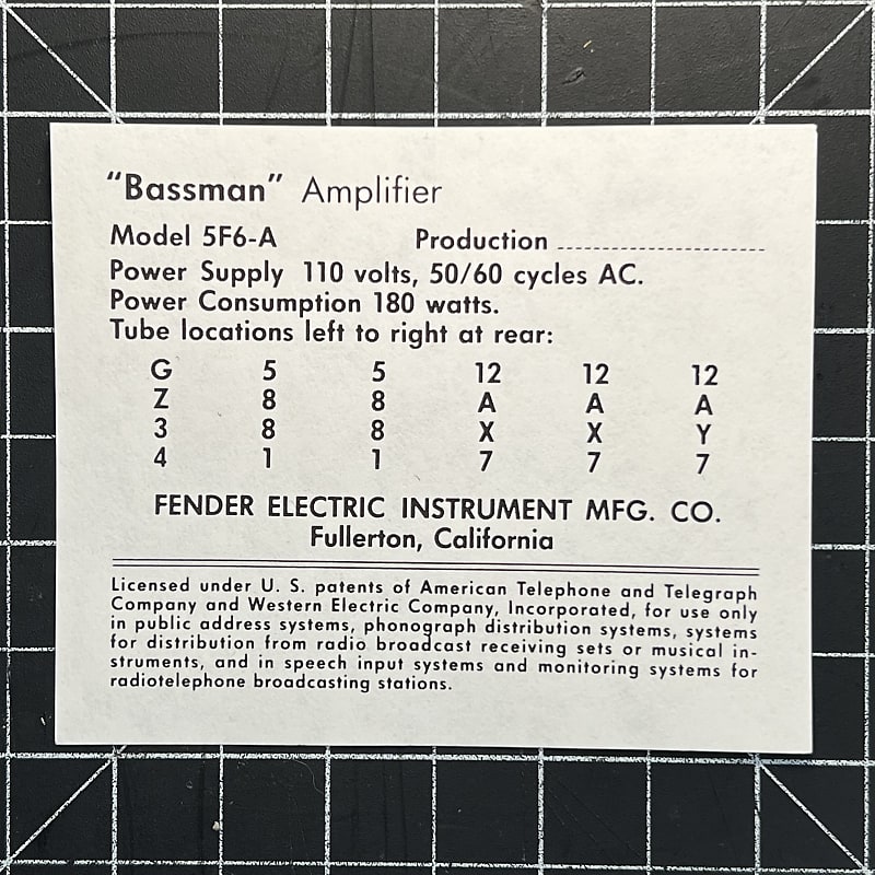 x15 Fender Bassman Amplifier 5F6A Tube Charts Reverb