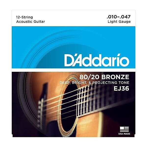 D'Addario EJ36 80/20 Bronze 12-String Acoustic Guitar Strings, Light, 10-47 image 1