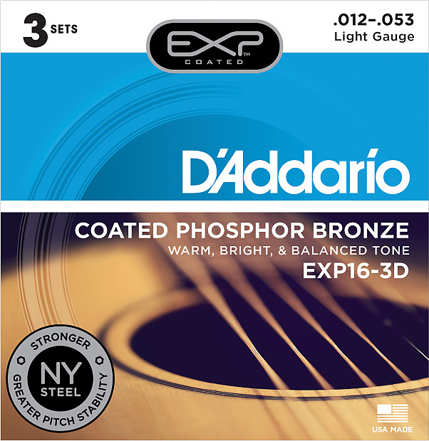 D'Addario EXP16-3D Coated Phosphor Bronze Acoustic Guitar Strings - Light (12-53) 3-Pack image 1