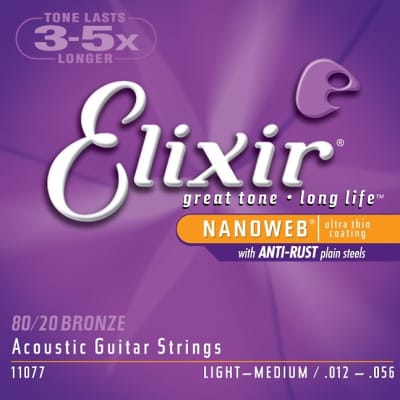 Elixir Strings 11077 Nanoweb 80/20 Acoustic Guitar Strings - .012-.056 Medium Light image 1