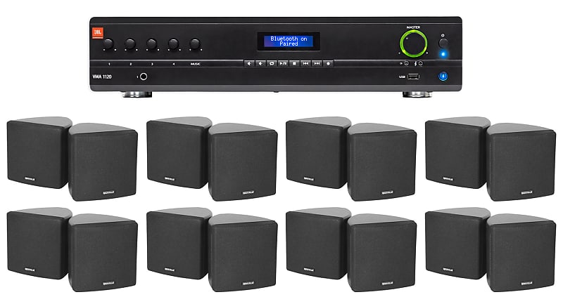 JBL Commercial Amplifier+(16) 3.5&quot; Black Cube Speakers for Restaurant/Bar/Cafe  			