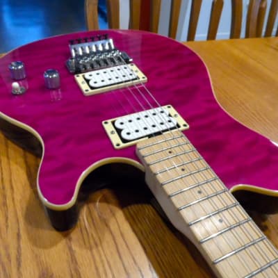 Sterling AX40 AX-40 by Ernie Ball Music Man with D DiMarzio DP159FW Evolution Bridge & DP158FW Neck Humbucker Pickups F-space White 4 Conductor Ceramic Trans Transparent Purple Pink Quilt Curly Flame Top Basswood Body Translucent DP159 DP158 image 3