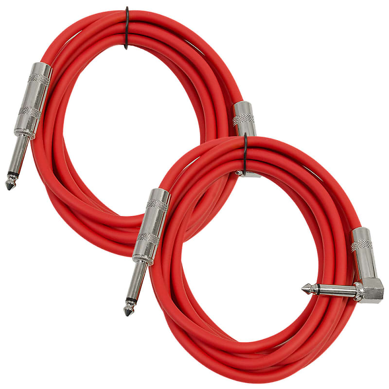 2 Pack - 10' Red Guitar Cable TS 1/4" to Right Angle - Instrument Cord image 1