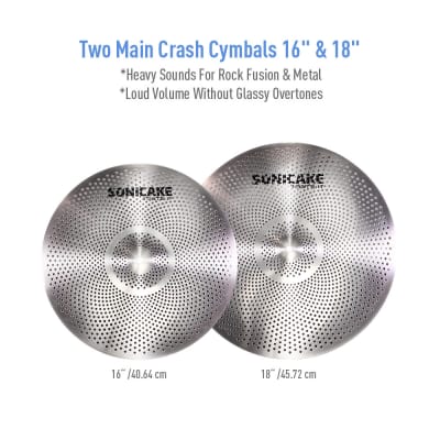 SONICAKE Low Volume Cymbal Pack Quiet Cymbal Set 14'hi-hat+16"crash+18'crash+20"ride 5 Pcs Drum Cymbal Set Practice Cymbal，Sliver(U.S. domestic inventory) image 4