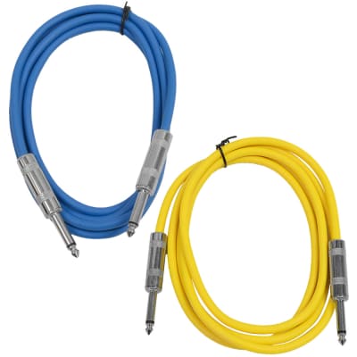 2 Pack of 6 Foot 1/4" TS Patch Cables 6' Extension Cords Jumper - Blue & Yellow image 1