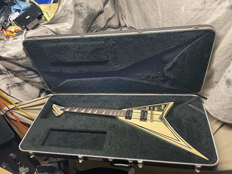 Jackson RR5 RR-5 Randy Rhoads Flying V Guitar with Case MIJ Japan maybe 1996? 2006? White/Gold/Pinstripes image 1